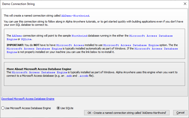 The Demo Connection String dialog provides useful information
about the 'AADemo-Northwind' connection string.